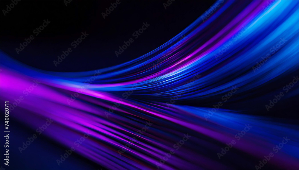 Neon glowing abstract background. Blurred glowing lines. Futuristic radiance. Defocused luminous navy blue color curve streak light flare motion on dark black background.