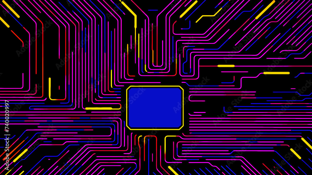 Cartoon minimalist circuit board pattern with computer chop, digital technologies background 