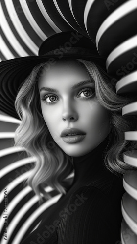 Black and white fashion art studio portrait of beautiful elegant woman. Fashion and Beauty art Concept.