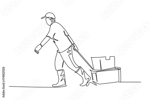 Single one line drawing of a man pulls his luggage using a rope. Shipping through the ocean. Delivery and packaging. Continuous line draw design graphic vector illustration