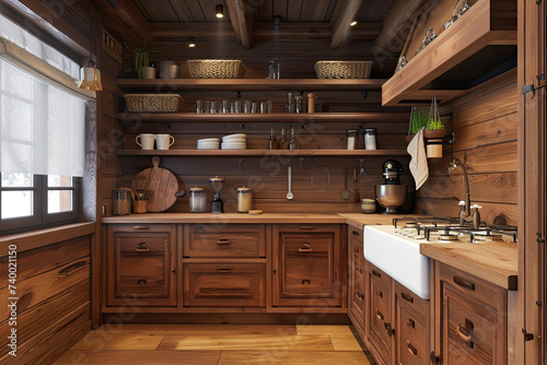 wooden kitchen with wooden shelves and sink. contemporary kitchen in a modern style. home interior concept