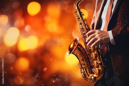 Close-up of saxophonists hands playing at jazz festival, musical background with copy space photo