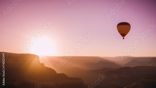 Hot air balloon flight, balloon, pink background, canyon.