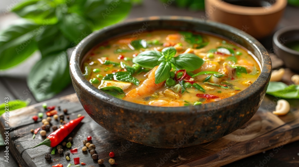 a single serving of Thai green curry, vibrant green and fresh ingredients a single serving of Thai green curry, vibrant green and fresh ingredients
