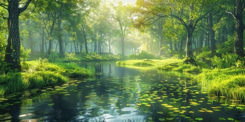 Tranquil nature view featuring meandering river through lush grassy landscape beauty with green trees and clear water ideal for capturing essence of peaceful outdoor environments of forest parks