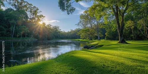 Tranquil nature view featuring meandering river through lush grassy landscape beauty with green trees and clear water ideal for capturing essence of peaceful outdoor environments of forest parks
