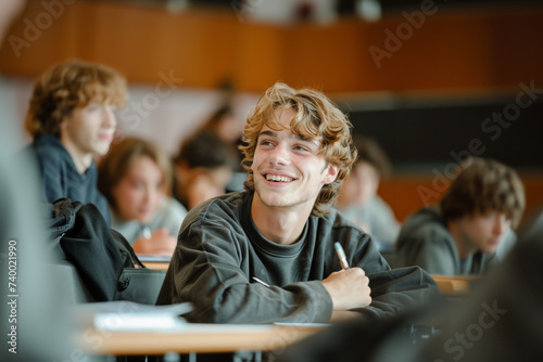 Smiling Male Student Seated in University Lecture Hall. A content male student with a welcoming smile sitting attentively in a university classroom setting. © EduLife Photos