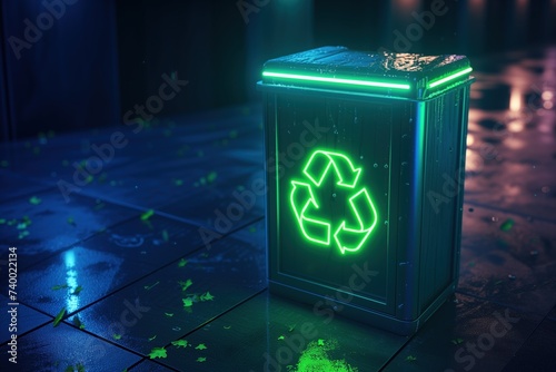 Bin. Futuristic neon recycle bin. Environmental Protection. Waste management.