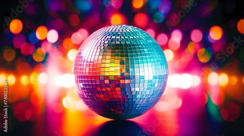 Disco ball sphere with colorful disco lights at party