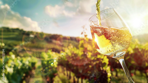 Wine glass with poured white wine and vineyard landscape of sunshine