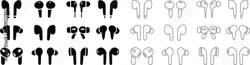 HandFree icon set. Headphones wireless earphones flat and line black vector collection isolated on transparent background. Headset silhouette earphone symbol computer technology icon. Hand free group. photo
