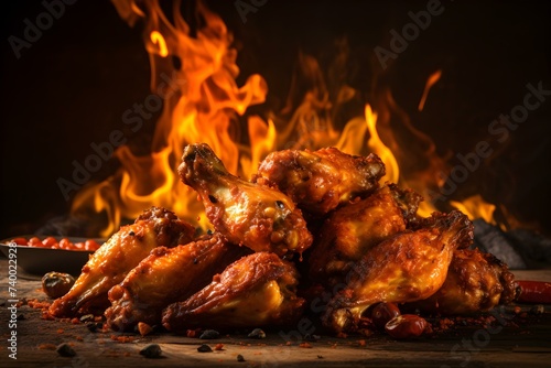 Capturing the Perfect Moment: Award-Winning Photo of Hot Wings in Front of Flames. Concept Food Photography, Fiery Background, Culinary Art, Creative Composition, Appetizing Visuals
