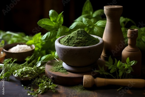 Display of Herbs with a Mortar and Pesto Bowl. Concept Food Photography, Culinary Creations, Summer Recipes, Fresh Ingredients, Kitchen Essentials