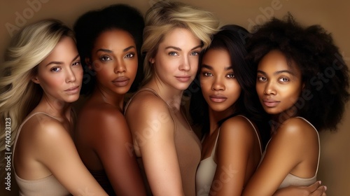 Side-by-side. Group portrait of beautiful, young females of different ethnic against sandy color backgrounds. Self expression, identity. Concept of natural beauty, diverse ethnicities, nationalities.
