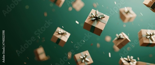 Gifts in craft wrapping paper flying on green background, copy space, holidays and celebration concept.