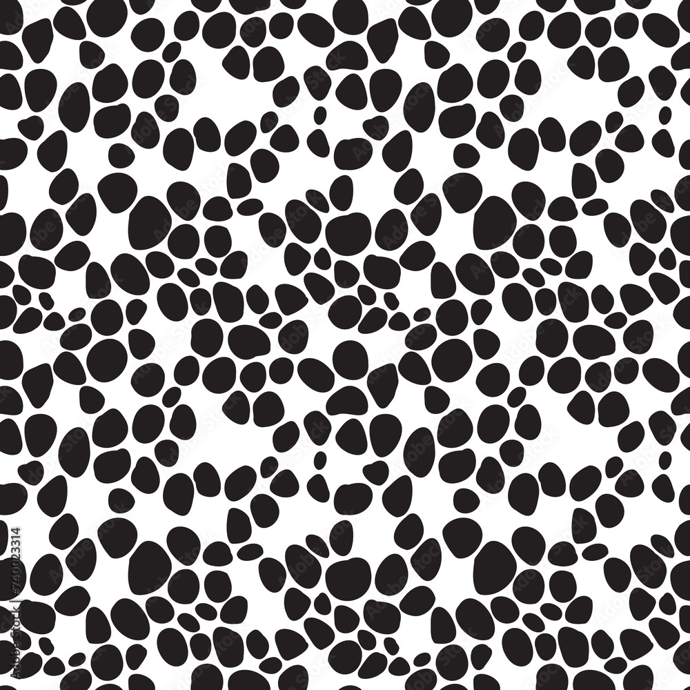 Organic black elements shaped as cobbles arranged in seamless pattern. Black stones repeated on white backdrop, resembling rocky road. Surface art for printing or usage in graphic design Organic black elements shaped as cobbles arranged in seamless pattern. Black stones repeated on white backdrop, resembling rocky road. Surface art for printing or usage in graphic design