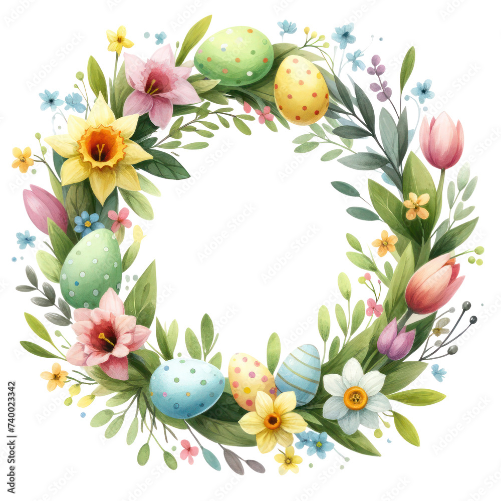 Floral and Easter egg wreath, colorful and festive.