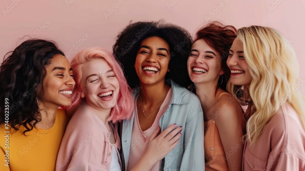 Diverse friends, young and beautiful women sharing lighthearted moment against soft pink studio background. Concept of natural beauty, diverse ethnicities and nationalities. Diverse friends, young and beautiful women sharing lighthearted moment against soft pink studio background. Concept of natural beauty, diverse ethnicities and nationalities.