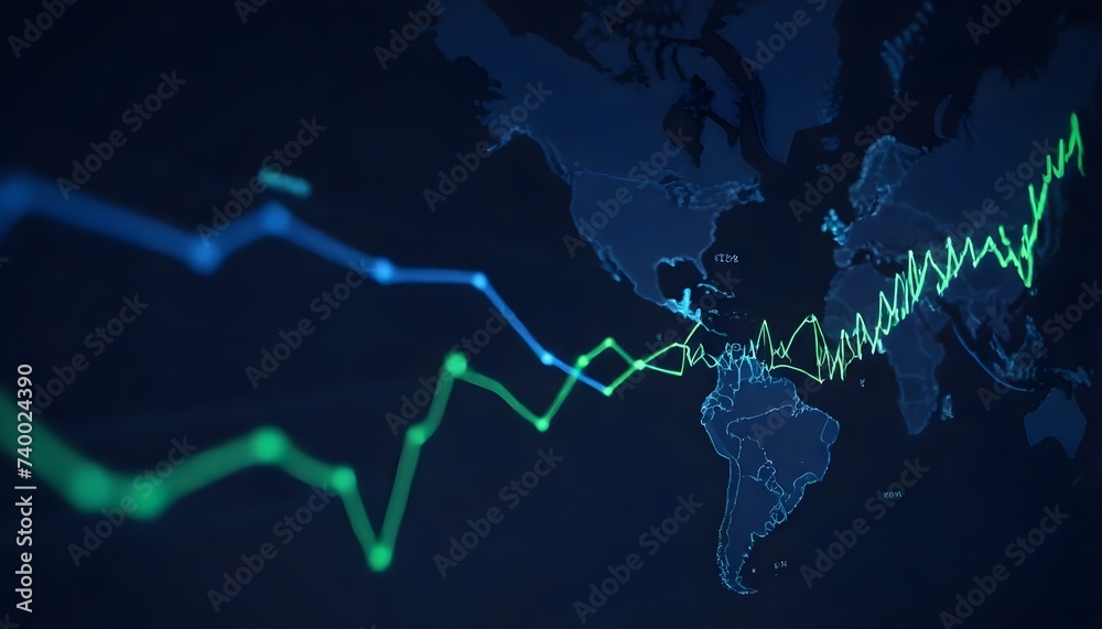 A dark world map background with glowing blue outlines featuring overlaid stock market or financial graphs with lines in green and white colors indicating trends or data