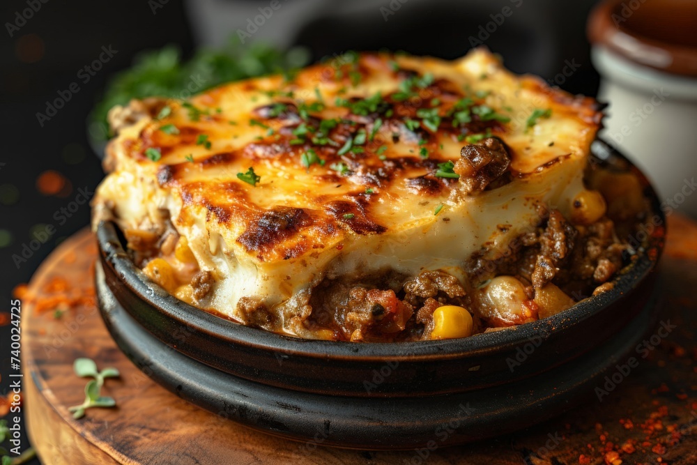 a Greek moussaka dish, layers visible, traditional Mediterranean recipe