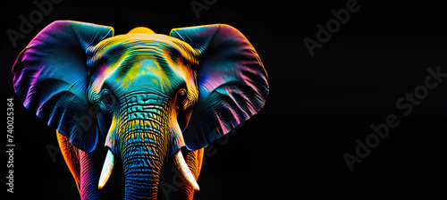Neon abstract graphic contours of an elephant close up, wild animal. black background isolated