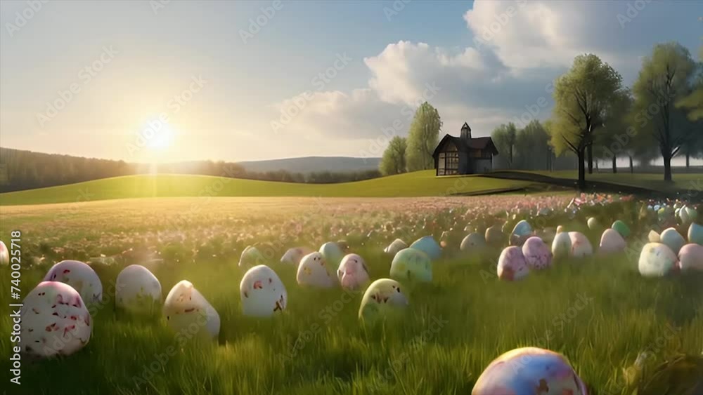 3d animated Video Footage of Grass field filled with easter eggs and sunlight background, copy space area. Suitable for Happy Easter Videos.