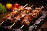 Grilled meat on skewers: Shish kebab style. Concept Grilled meat, Skewers, Shish kebab, Outdoor cooking, Barbecue