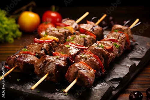 Grilled meat on skewers: Shish kebab style. Concept Grilled meat, Skewers, Shish kebab, Outdoor cooking, Barbecue