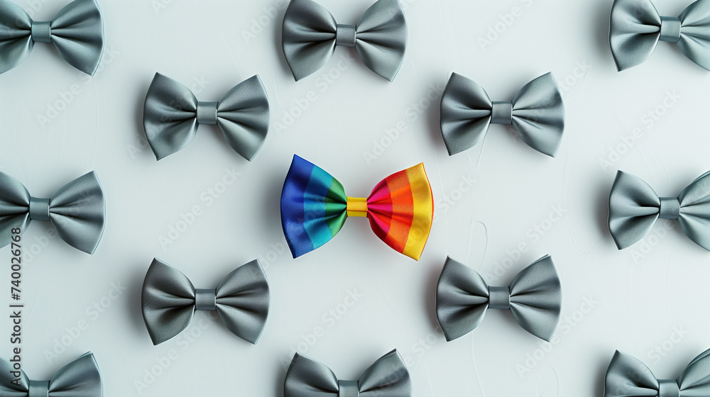 Rainbow Bow Tie Among Gray Ones on White background. LGBTQ+ Concept