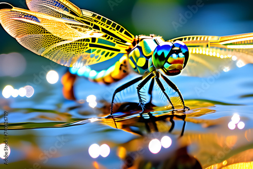 The iridescent scales on a dragonfly's wings shimmer as it hovers gracefully over a pond. Generative AI © 현숙 윤
