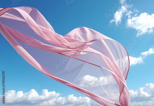 Flying pink transparent fabric wave on blue sky background and illuminated by sunlight