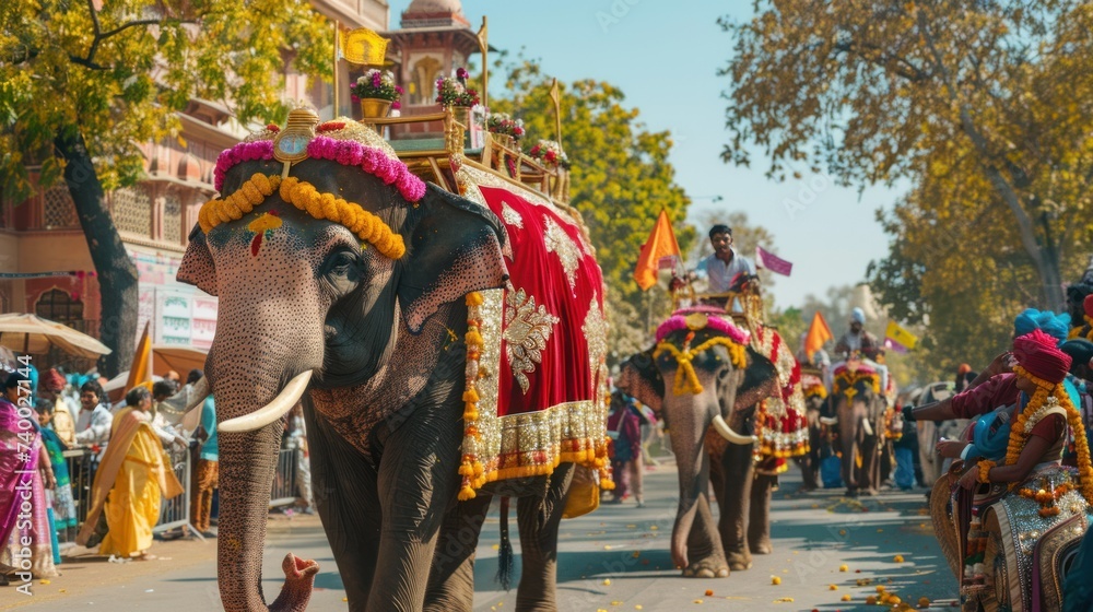 Festive Elephant Procession. A vibrant elephant procession captures the essence of a traditional festival in India. Decorated with rich fabrics and colorful ornaments, the elephants majestically parad