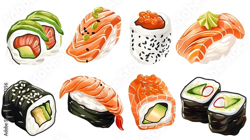 A set of fresh sushi rolls with salmon, avocado. Japanese sushi on white background
