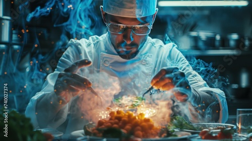 Chef Crafting a Dish with Dramatic Dry Ice Effect. A focused chef finalizes a dish with a mesmerizing dry ice effect, showcasing his culinary expertise in a professional kitchen environment. photo