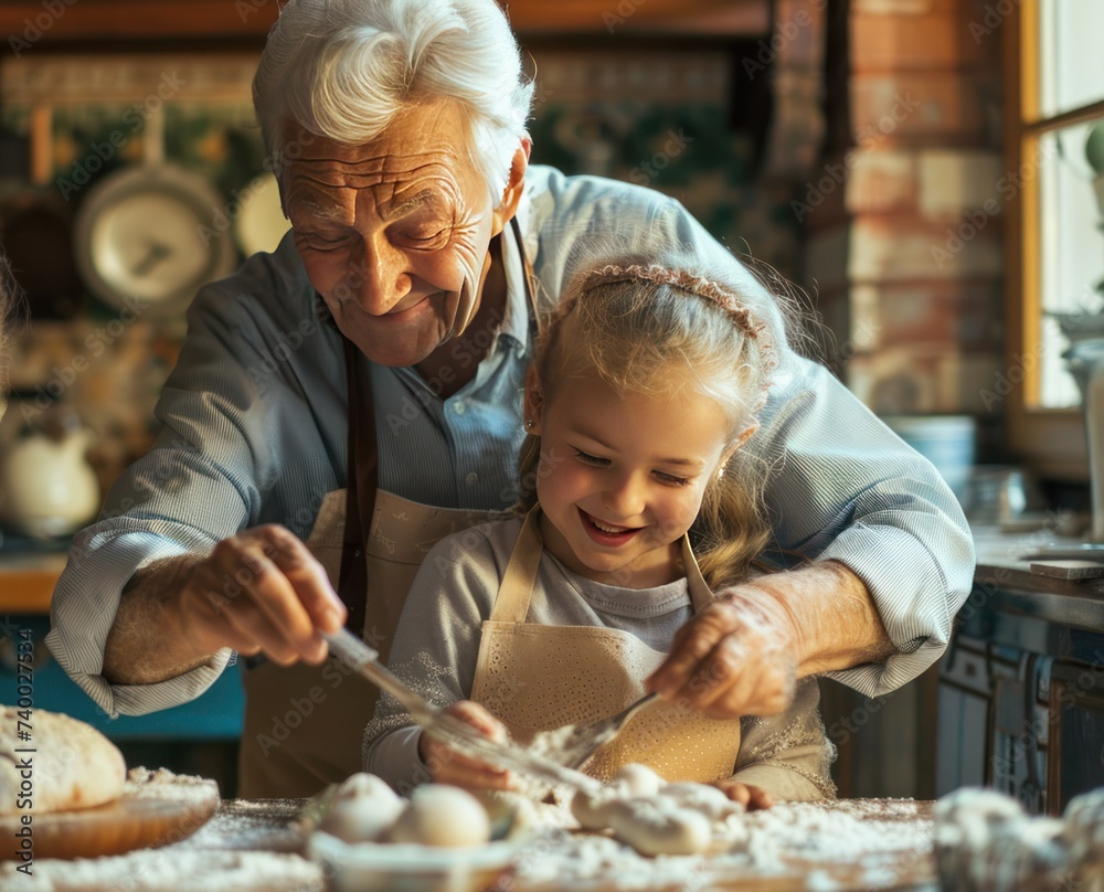 Joyful Granddaughter Baking with Loving Grandfather. A joyful little girl and her attentive grandfather enjoy a baking session together, dusted with flour and full of smiles in a sunny kitchen.