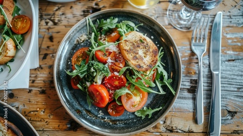 Goat Cheese Salad with Fresh Greens and Tomatoes. A refreshing salad topped with grilled goat cheese, a mix of arugula and cherry tomatoes, served on a rustic ceramic plate.
