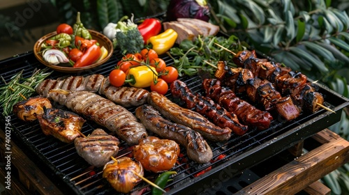 Sumptuous Barbecue Spread with Grilled Vegetables. An enticing array of grilled meats and vegetables arranged on a barbecue, surrounded by fresh garnishes, ready for a sumptuous outdoor feast.