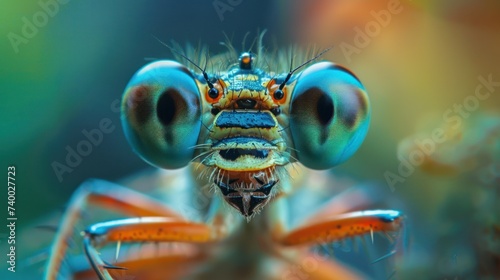 Intricate Dragonfly Macro with Vivid Eyes. Ultra-close-up view of a dragonfly's head, showing intricate details and vivid blue eyes, capturing the essence of insect macro photography. © auc