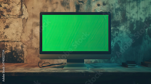 a computer monitor display with green screen on a grunge wall