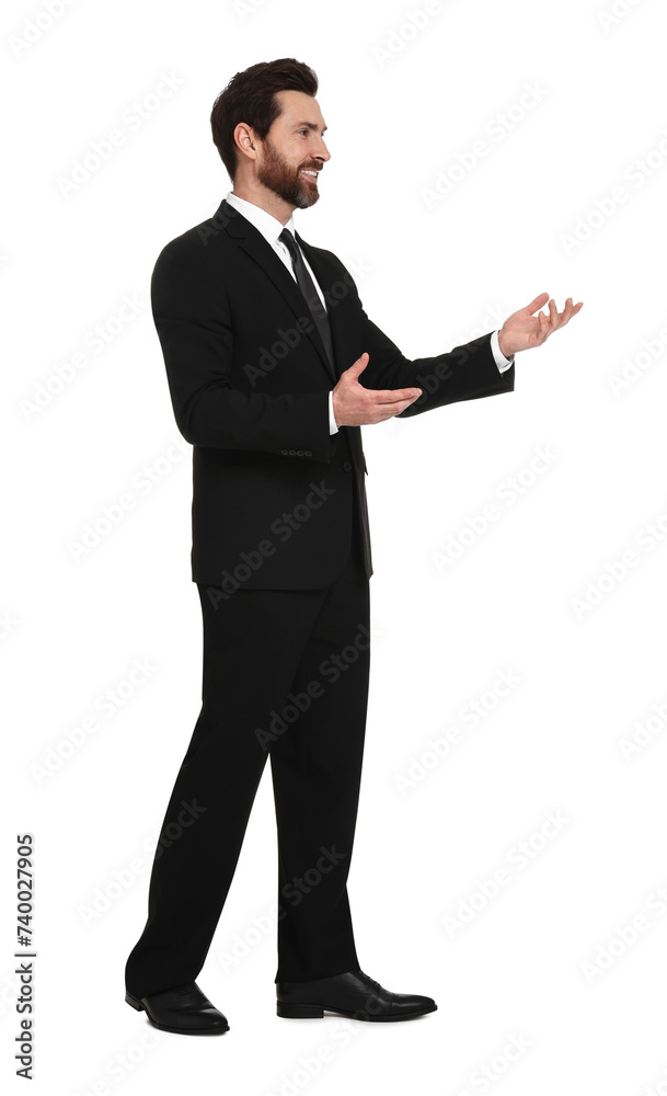 Handsome man greeting someone on white background Handsome man greeting someone on white background