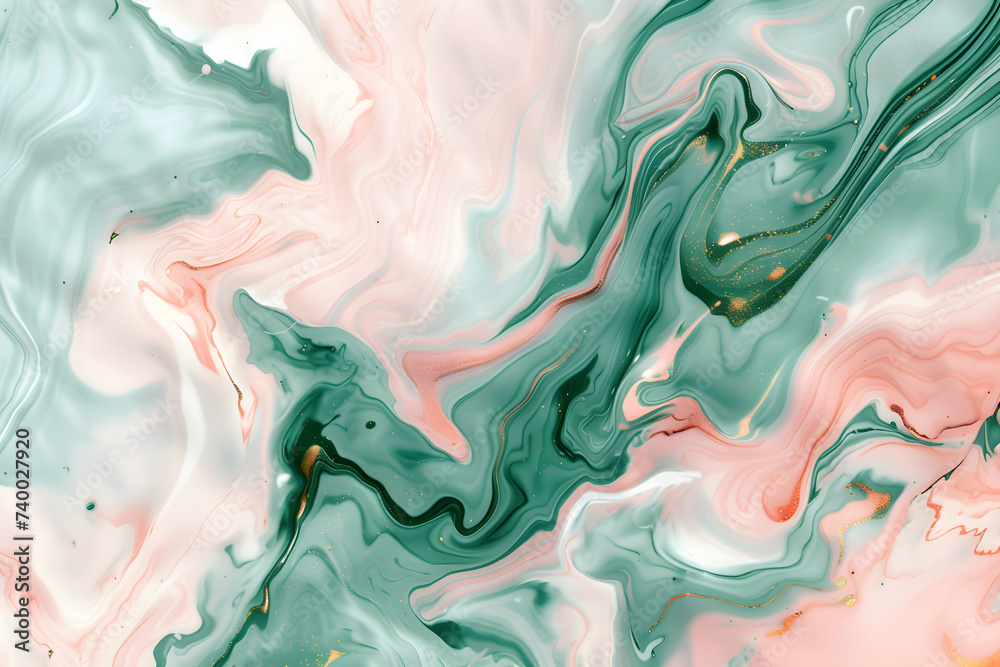 Abstract marbled acrylic paint ink painted waves painting texture colorful background banner green and pink color.