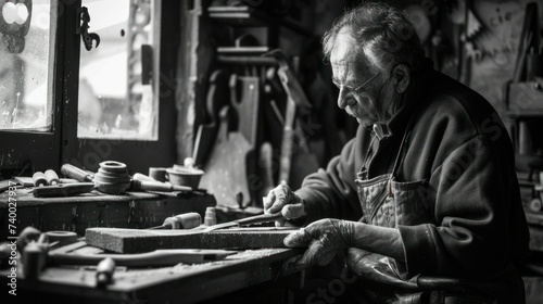 Master Woodworker Carving in His Workshop. A focused elderly woodworker carves wooden pieces with precision in his workshop, surrounded by an array of traditional woodworking tools.