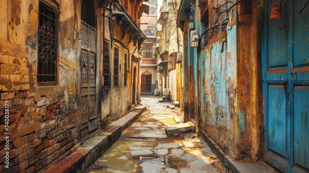 Old Narrow Alley in Varanasi, India. An atmospheric narrow alley in Varanasi, India, showcasing the ancient city's characteristic architecture with worn textures and vibrant colors.