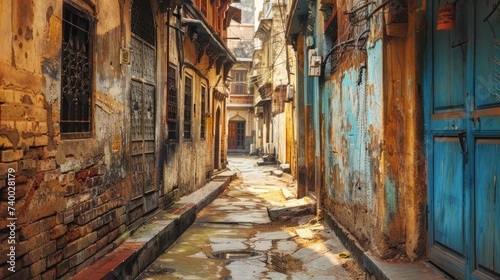 Old Narrow Alley in Varanasi  India. An atmospheric narrow alley in Varanasi  India  showcasing the ancient city s characteristic architecture with worn textures and vibrant colors.