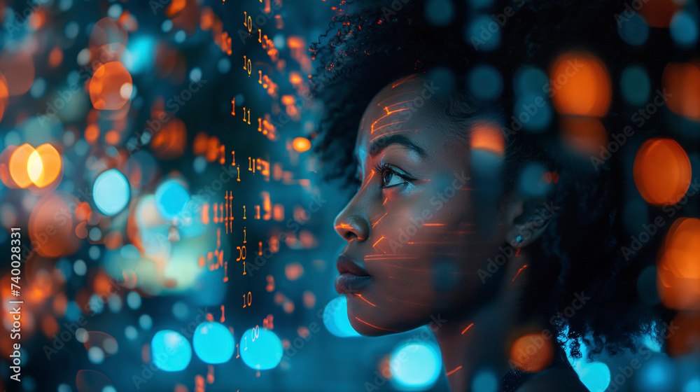foto minimalista de una mujer negra experta en seguridad cibernética con código AI superpuesto a su alrededor y sobre su cara. - obrazy, fototapety, plakaty 