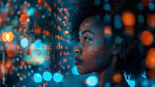 foto minimalista de una mujer negra experta en seguridad cibernética con código AI superpuesto a su alrededor y sobre su cara. photo