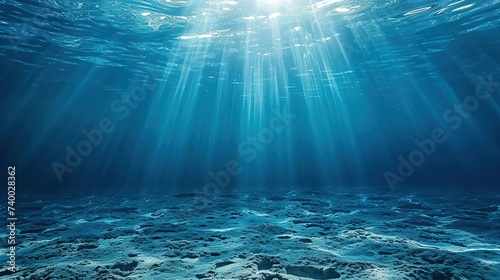 Beautiful Blue Ocean Undersea Background with Sunlight. Sea, Beach, Water, Marine, Underwater 