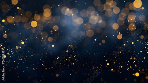 abstract background with Dark blue and gold particle. Christmas Golden light shine particles bokeh on navy blue background. Gold foil texture. Holiday concept.