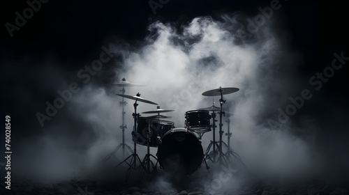 A Red Drum Set On A White Background,,
Drum set with cymbals black and white drums chains and rope fire and smoke 
