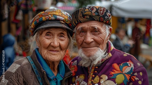 Portrait of mature Asian people stand next to each other and smiling looking at camera. Outdoor photo with selective focus. Concept lifestyle, retired, multicultural, love, friendship. ad